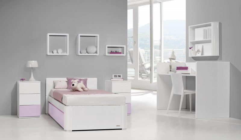 6.combi arc blanco brillo malva brillo CAMA+ESTANTES