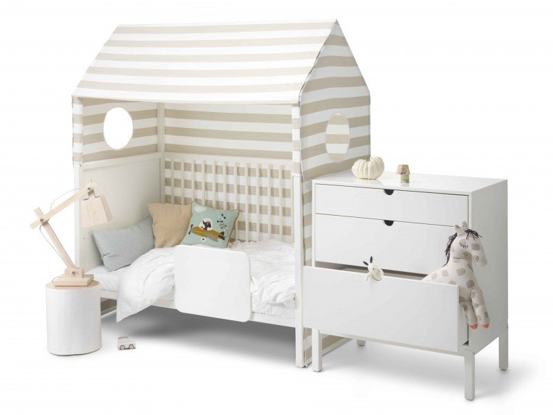 Stokke® Home™ Bed and Dresser, White. Stokke® Home™ Bed Tent textile, Beige Stripe.