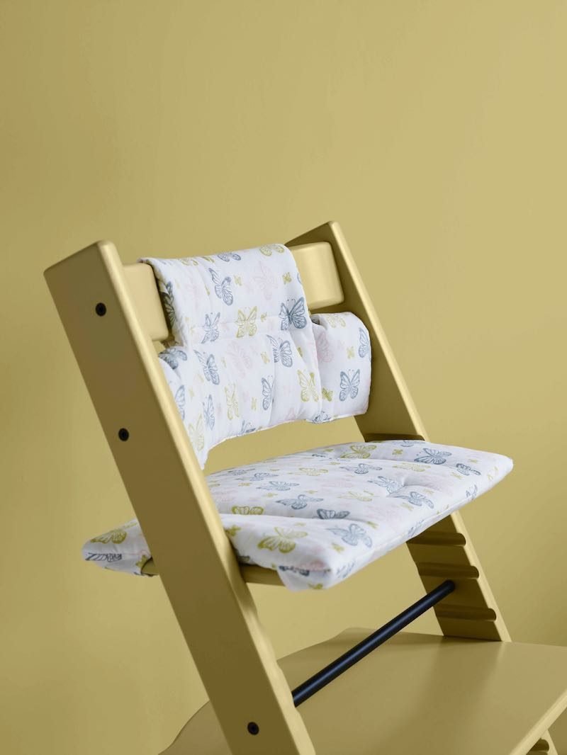Tripp Trapp® Wheat Yellow with Sweet Butterfly cushion.  Detail.